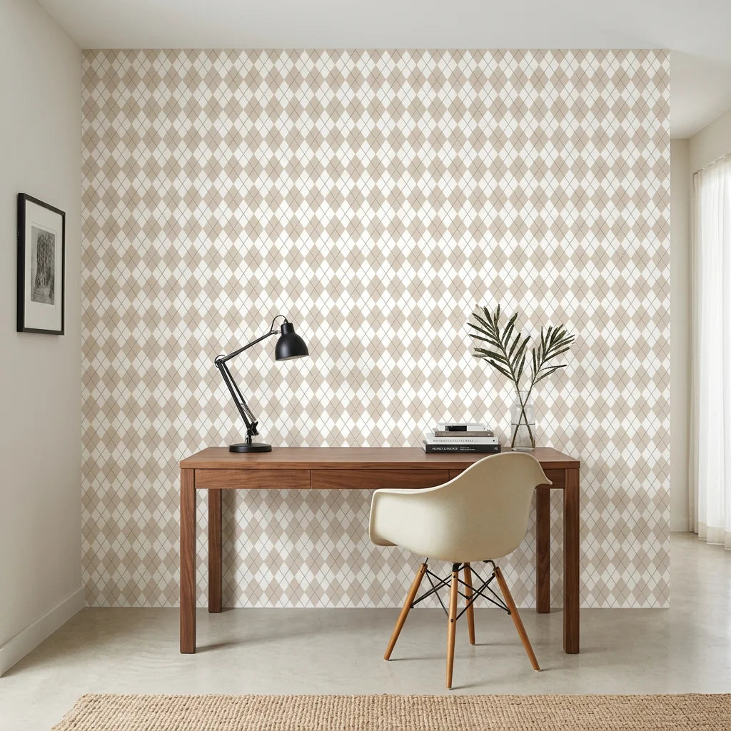 Linen Diamonds neutral argyle diamond as a feature wall in a bright home office