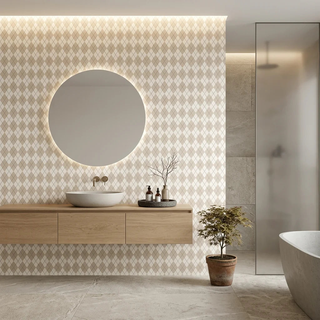 Linen Diamonds neutral argyle diamond creating ambiance in a serene bathroom