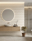 Linen Diamonds neutral argyle diamond creating ambiance in a serene bathroom