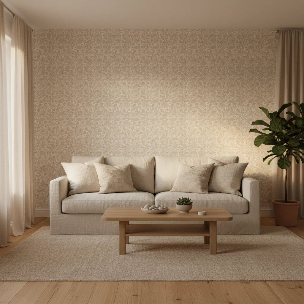 Linen Whisper soft neutral botanical wallpaper in a warm and inviting living room