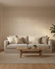 Linen Whisper soft neutral botanical wallpaper in a warm and inviting living room