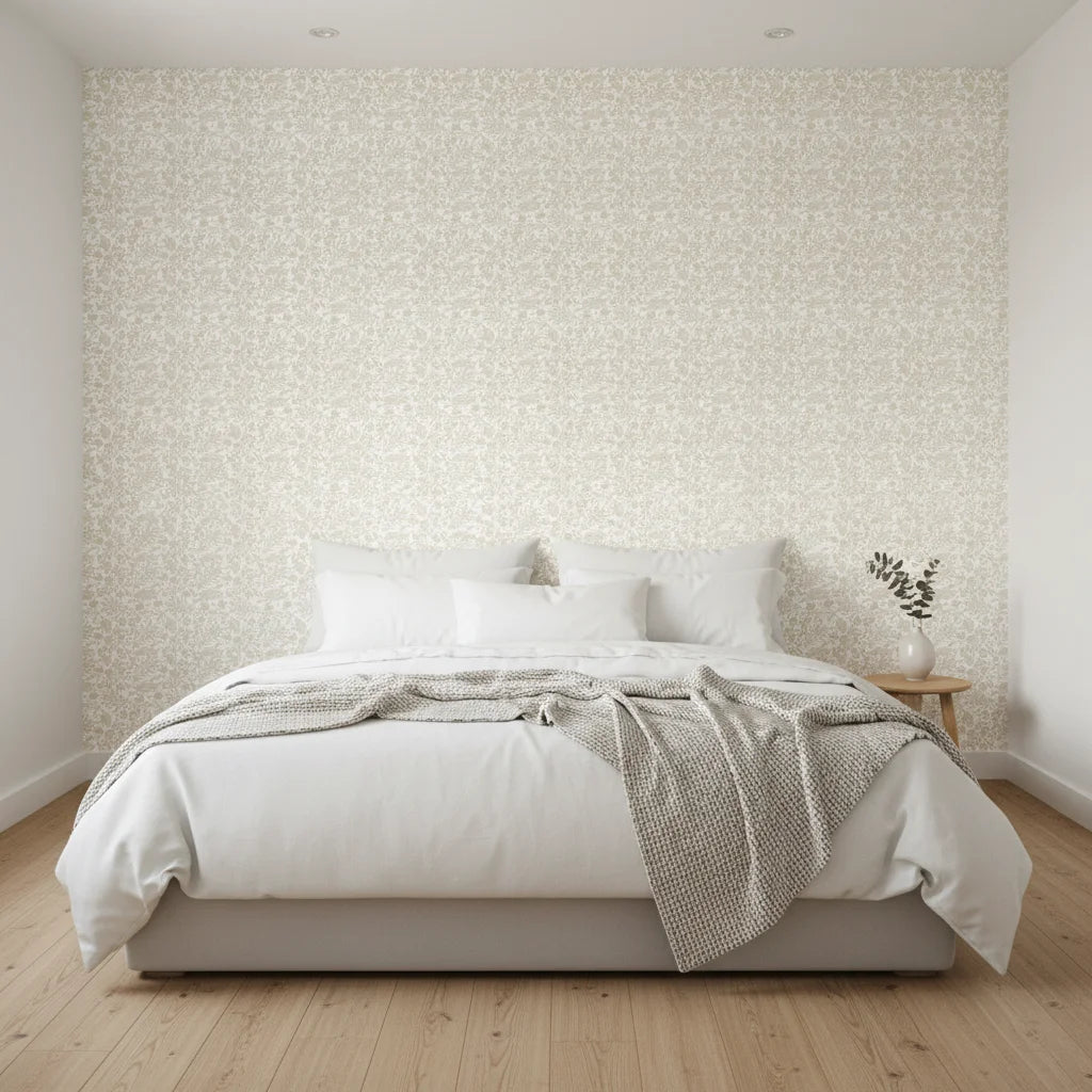 Linen Whisper soft neutral botanical wallpaper adding character to a cozy bedroom