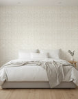 Linen Whisper soft neutral botanical wallpaper adding character to a cozy bedroom