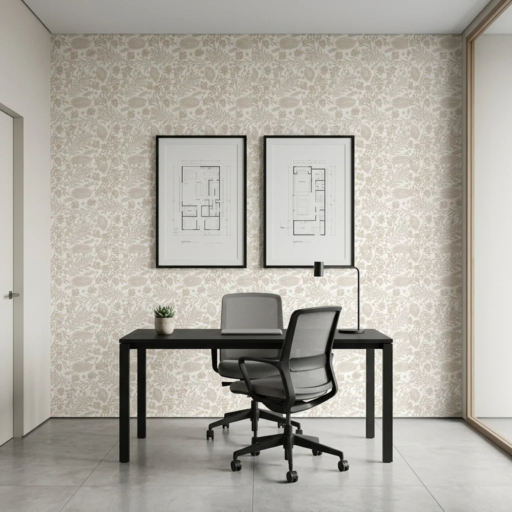 Linen Whisper soft neutral botanical wallpaper as a feature wall in a bright home office