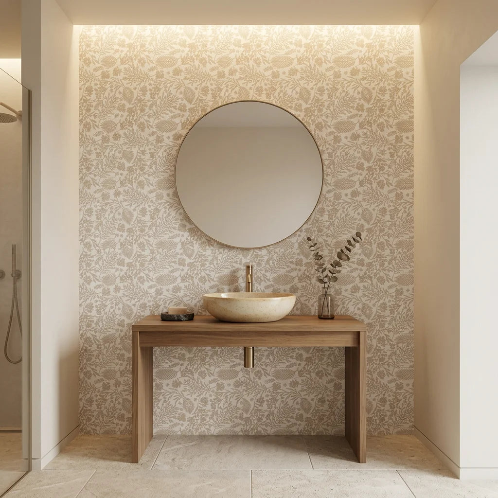 Linen Whisper soft neutral botanical wallpaper creating ambiance in a serene bathroom
