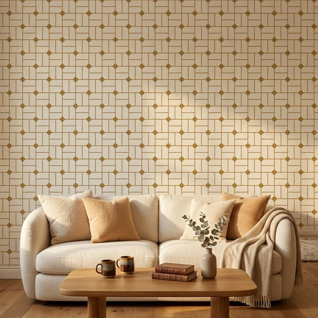 Linen & Gold elegant geometric grid wallpaper creating ambiance in a serene bathroom
