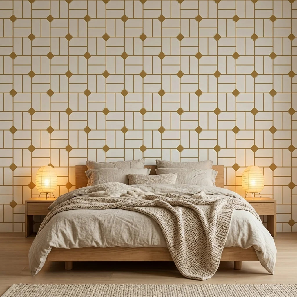 Linen & Gold elegant geometric grid wallpaper in a warm and inviting living room