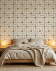 Linen & Gold elegant geometric grid wallpaper in a warm and inviting living room