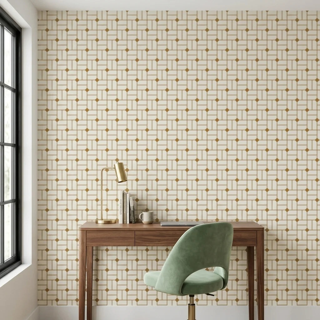 Linen & Gold elegant geometric grid wallpaper adding character to a cozy bedroom
