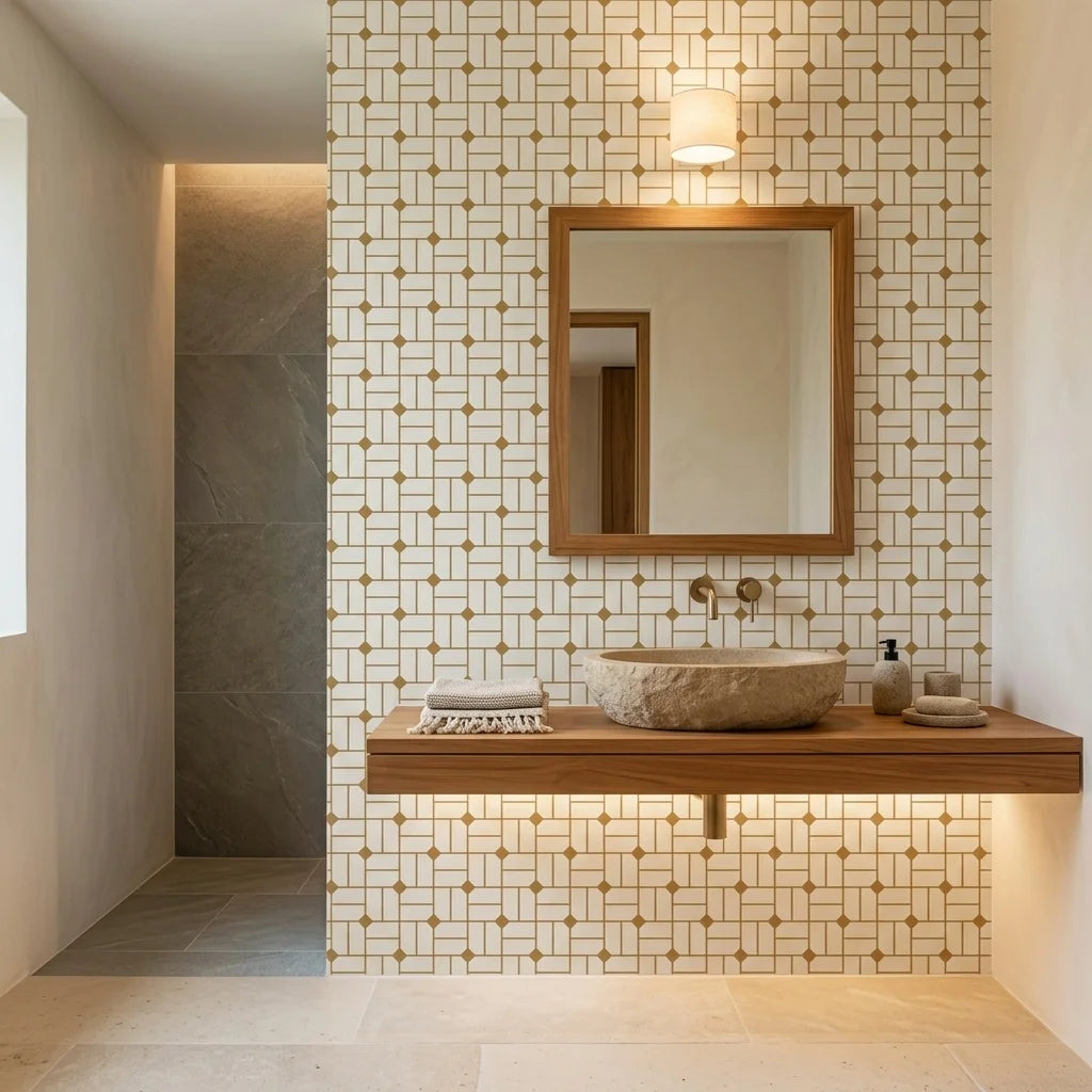 Linen & Gold elegant geometric grid wallpaper as a feature wall in a bright home office