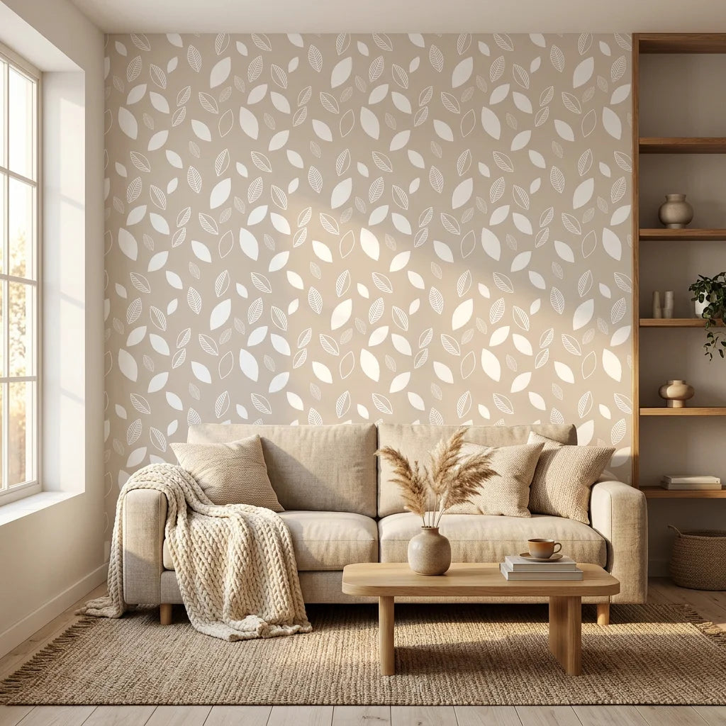Linen &amp; Leaf neutral beige leaf in a warm and inviting living room