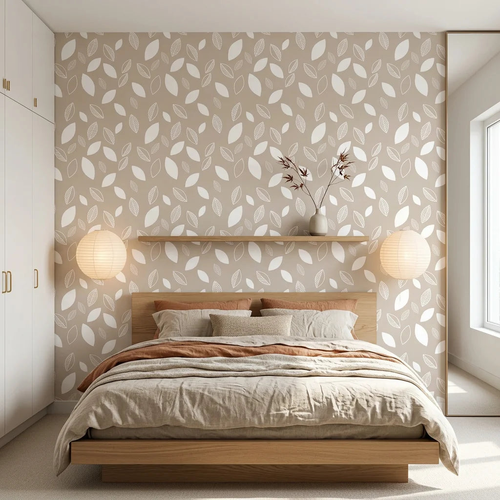 Linen &amp; Leaf neutral beige leaf adding character to a cozy bedroom