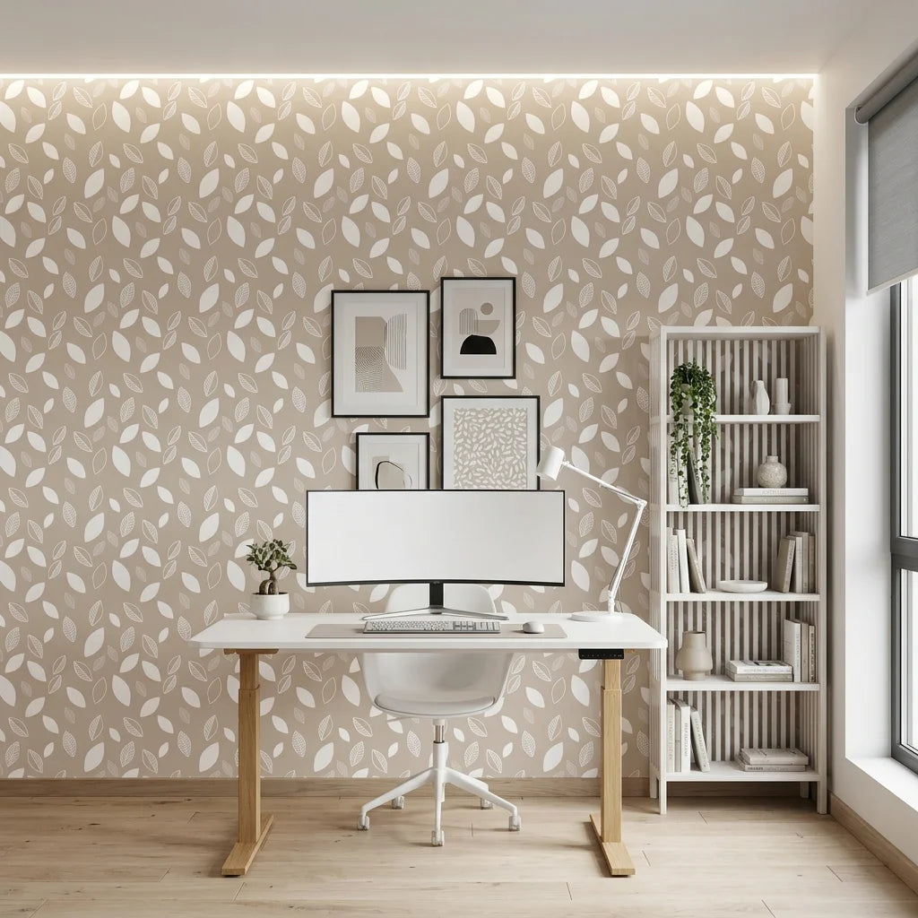 Linen &amp; Leaf neutral beige leaf as a feature wall in a bright home office