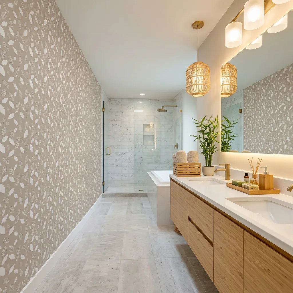 Linen &amp; Leaf neutral beige leaf creating ambiance in a serene bathroom