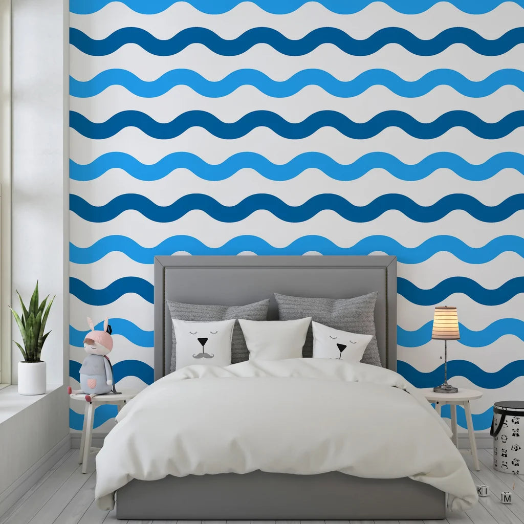 Ocean wave motif in deep blue and bright white self-adhesive wallpaper - Liquid Rhythm