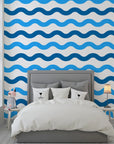 Ocean wave motif in deep blue and bright white self-adhesive wallpaper - Liquid Rhythm