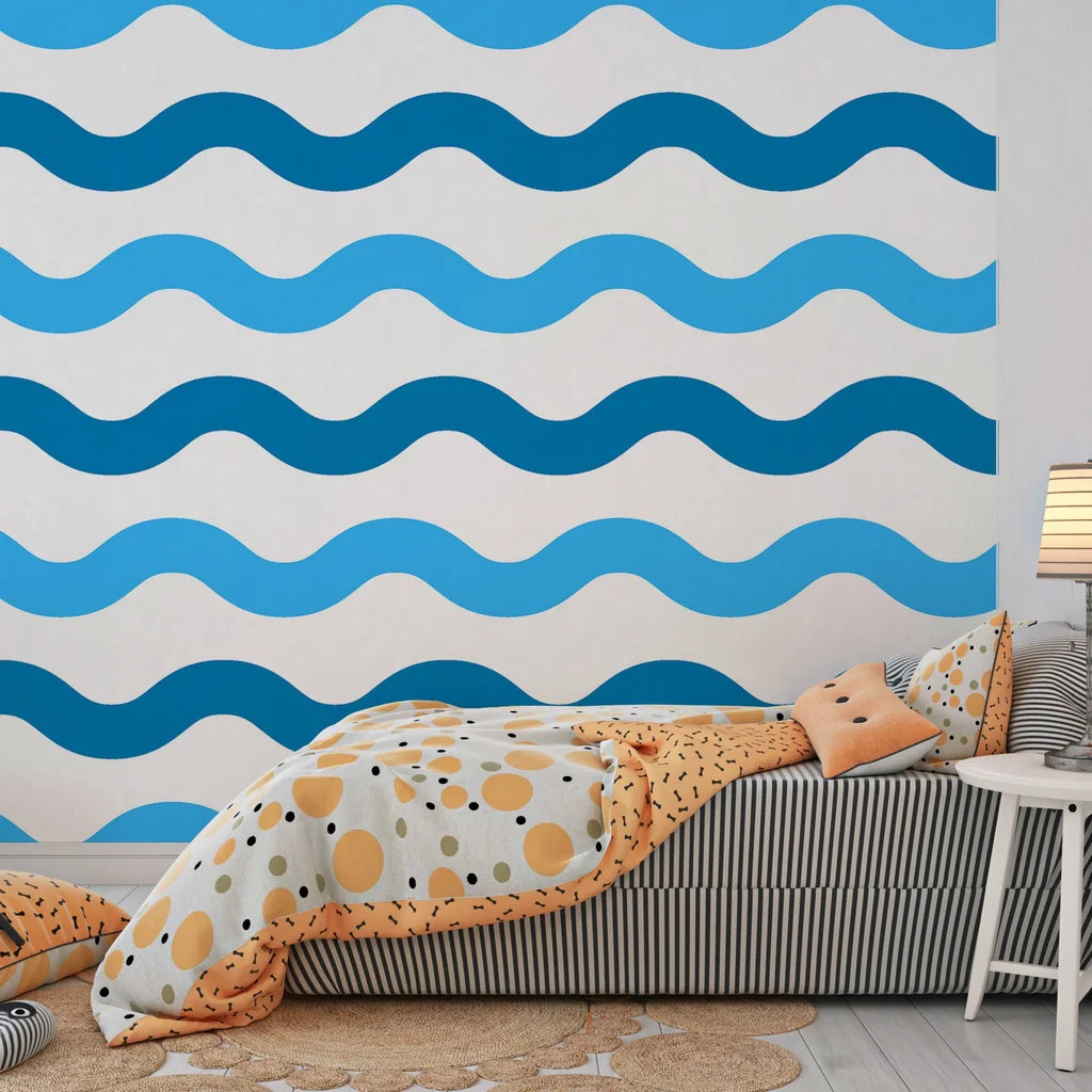 Removable wall covering featuring a repeating navy blue and white maritime ripple pattern - Liquid Rhythm