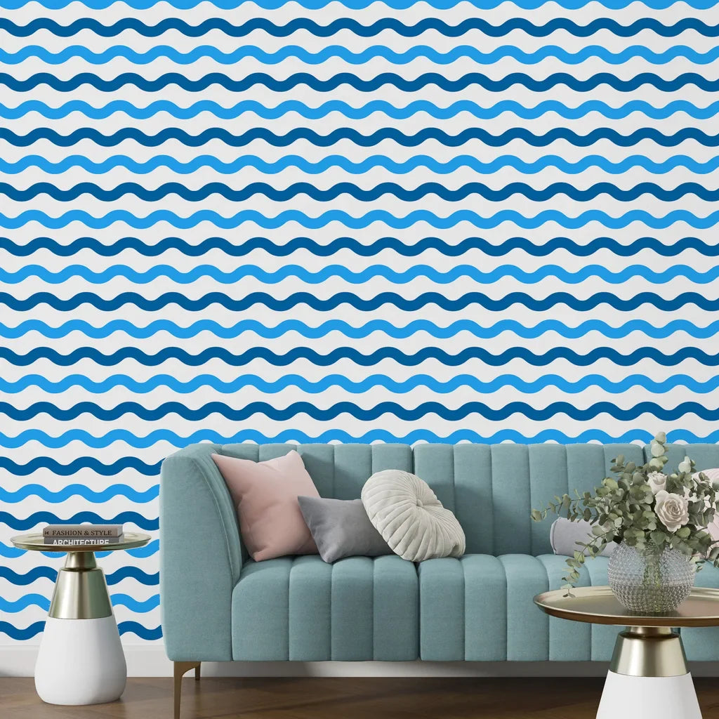 Crisp white and indigo coastal wave print for DIY temporary wall decor - Liquid Rhythm