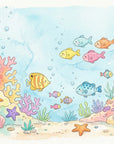 Whimsical Little Blue World wallpaper featuring pastel underwater scene with colorful fish, coral, and sea life