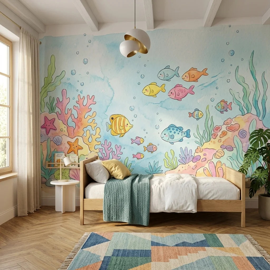 Whimsical underwater scene Little Blue World wallpaper with colorful fish, coral, and seaweed in a child's bedroom