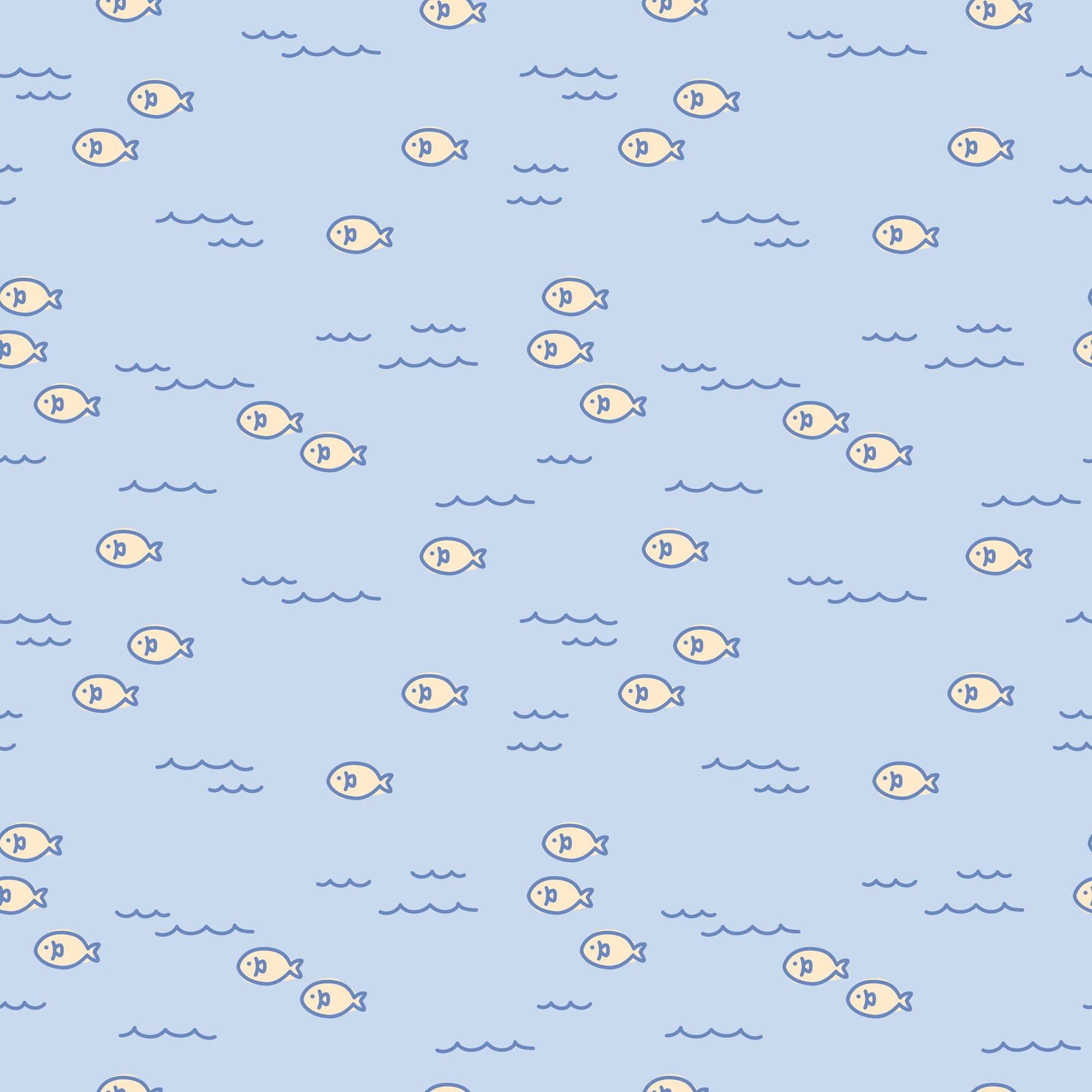 Smooth pale fish and waves peel and stick wallpaper - Little Minnows
