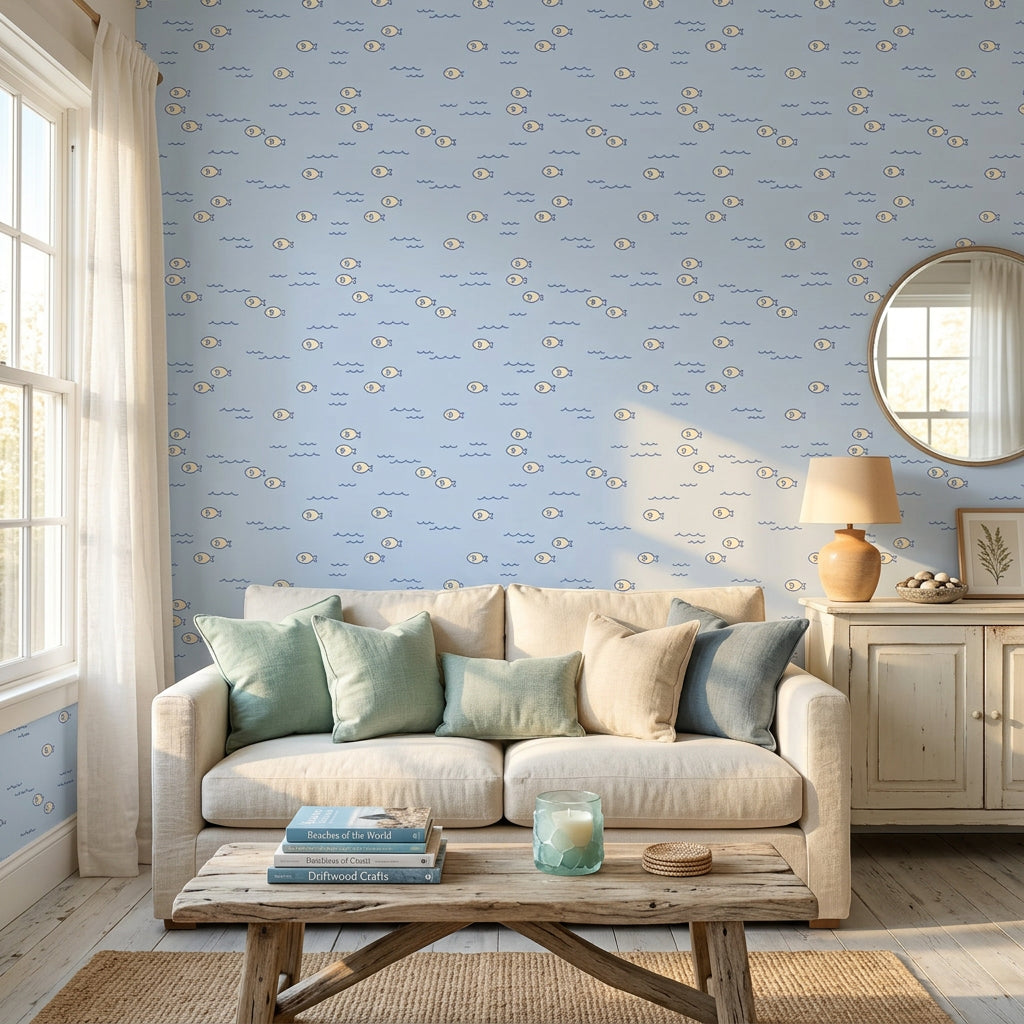Little Minnows blue nursery fish wallpaper in a warm and inviting living room