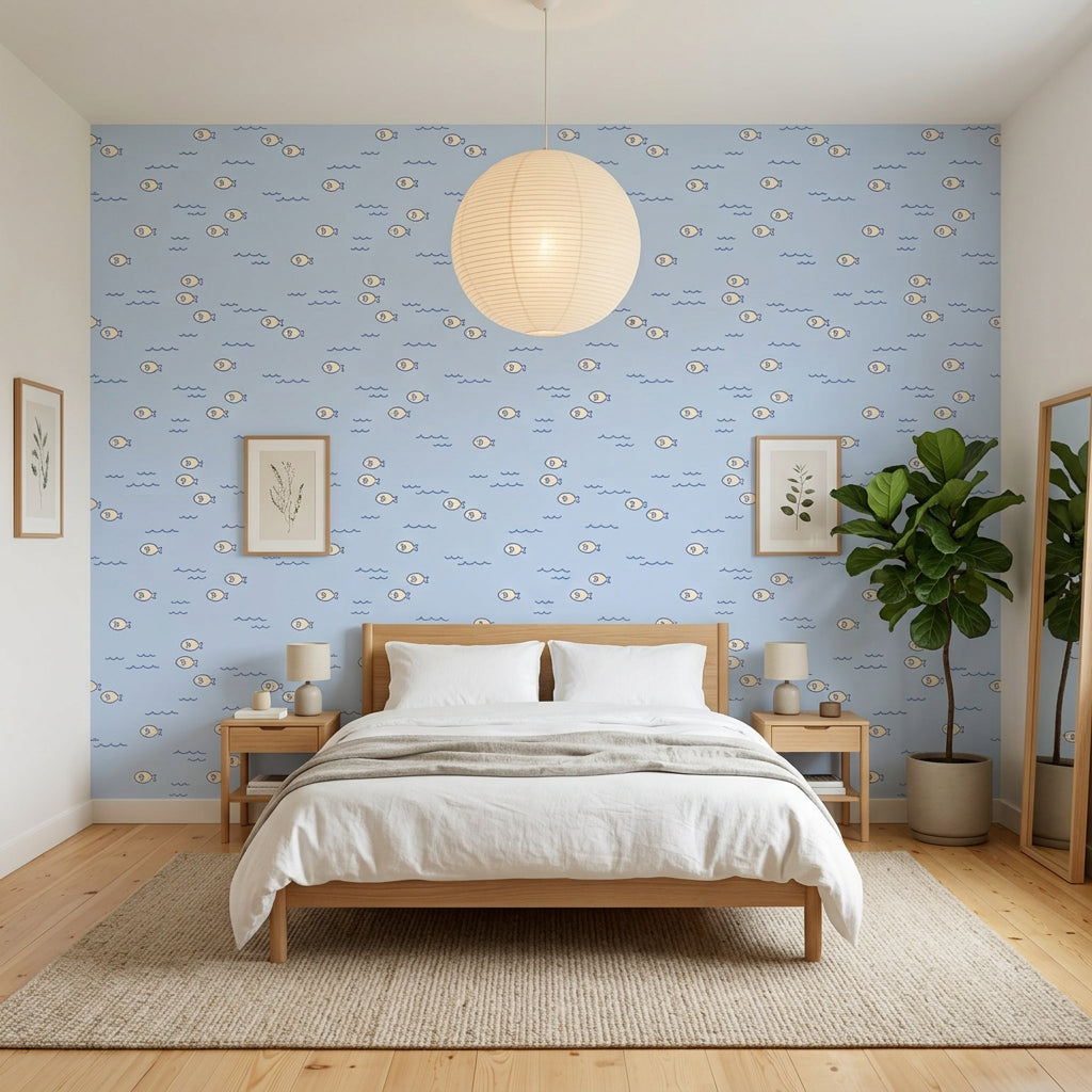 Little Minnows blue nursery fish wallpaper adding character to a cozy bedroom