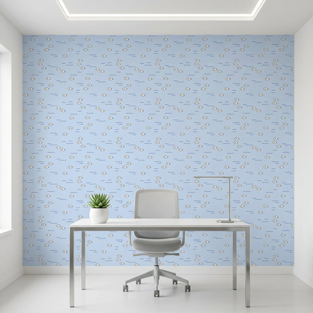 Little Minnows blue nursery fish wallpaper as a feature wall in a bright home office