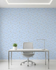 Little Minnows blue nursery fish wallpaper as a feature wall in a bright home office