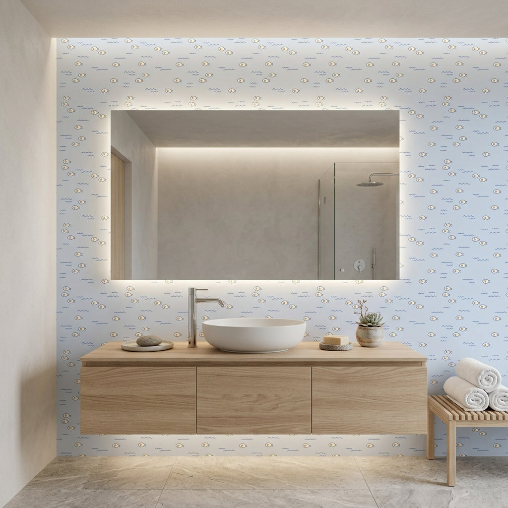 Little Minnows blue nursery fish wallpaper creating ambiance in a serene bathroom