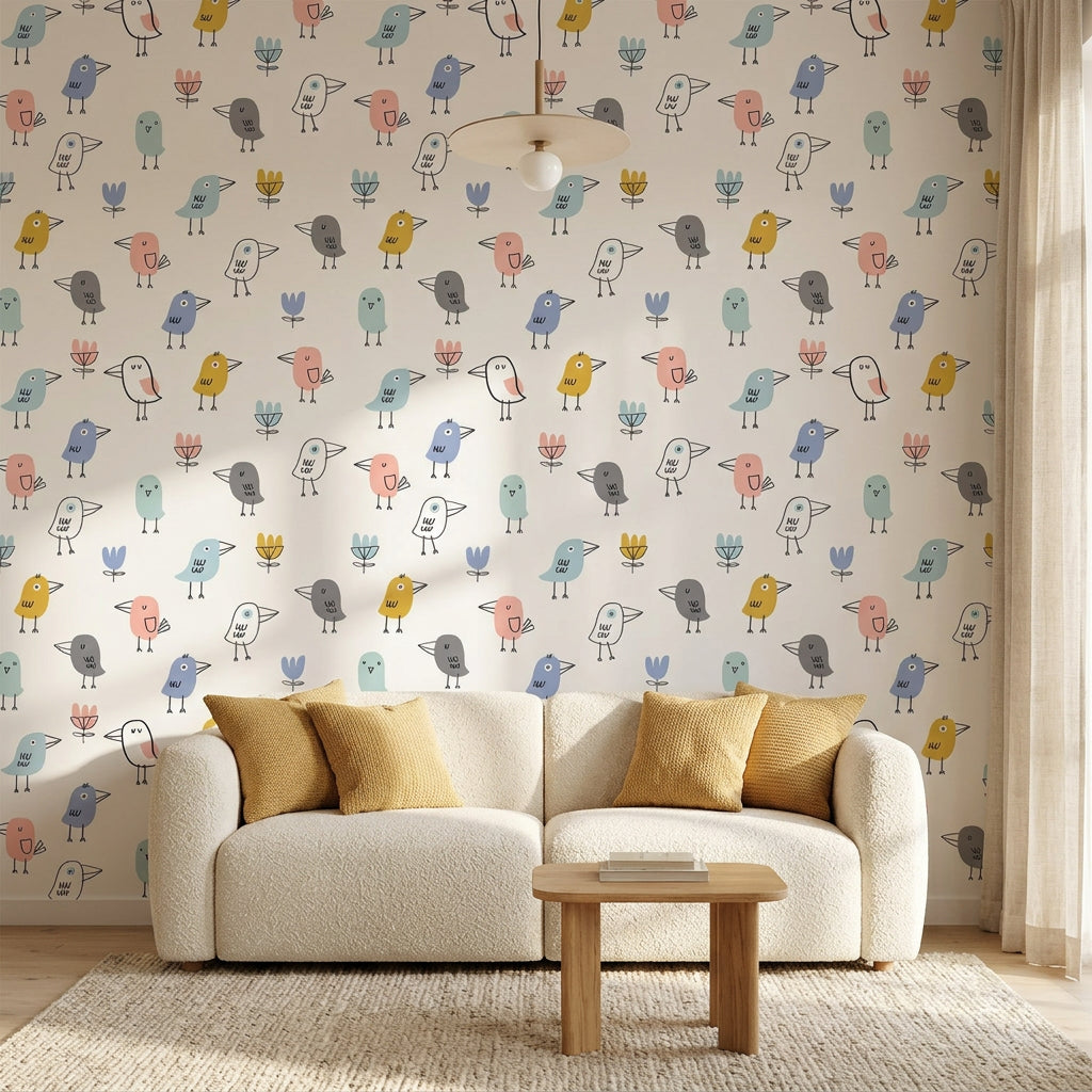 Little Songbirds colorful whimsical bird wallpaper in a warm and inviting living room
