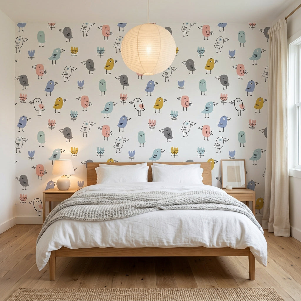 Little Songbirds colorful whimsical bird wallpaper adding character to a cozy bedroom