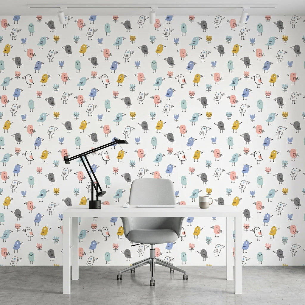 Little Songbirds colorful whimsical bird wallpaper as a feature wall in a bright home office