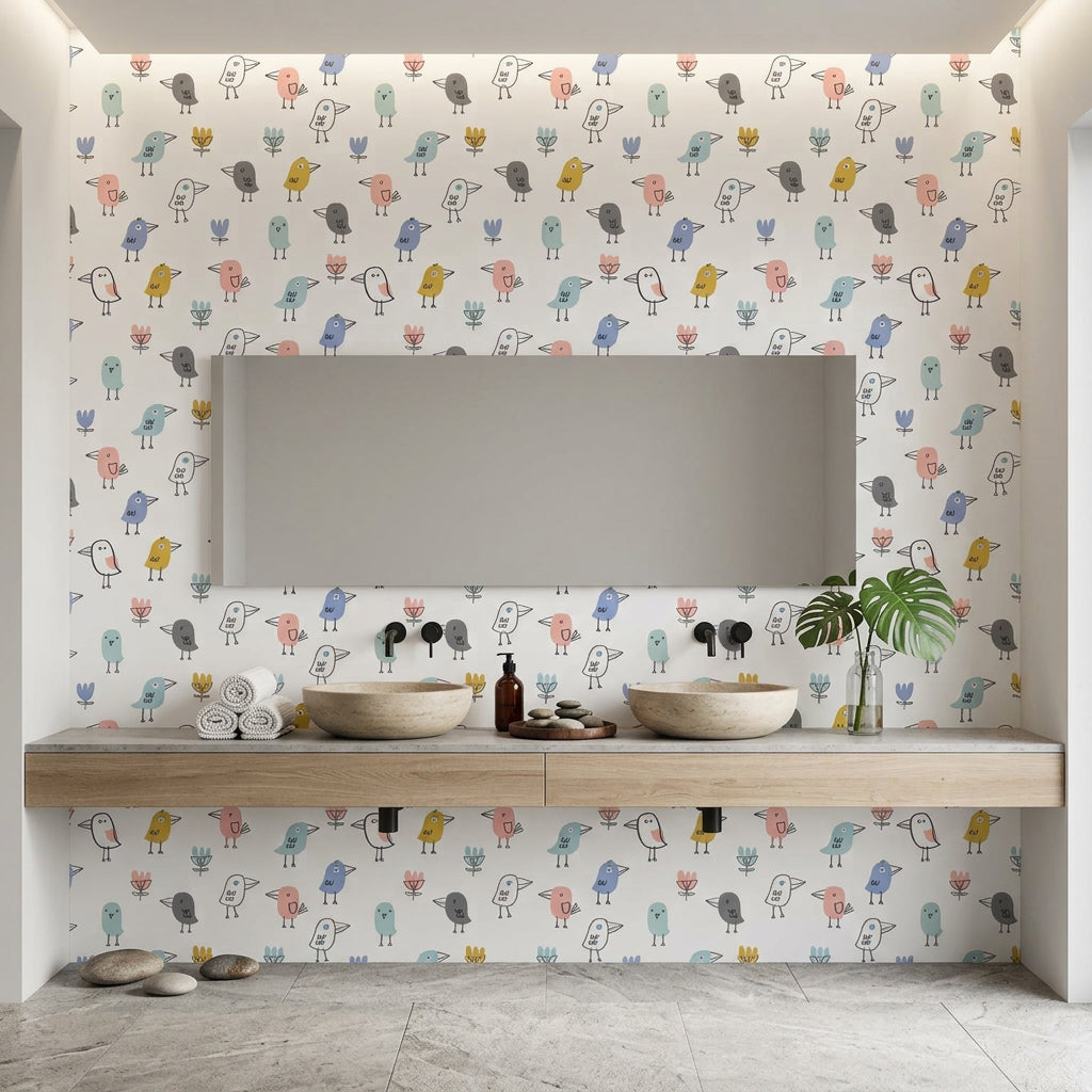 Little Songbirds colorful whimsical bird wallpaper creating ambiance in a serene bathroom