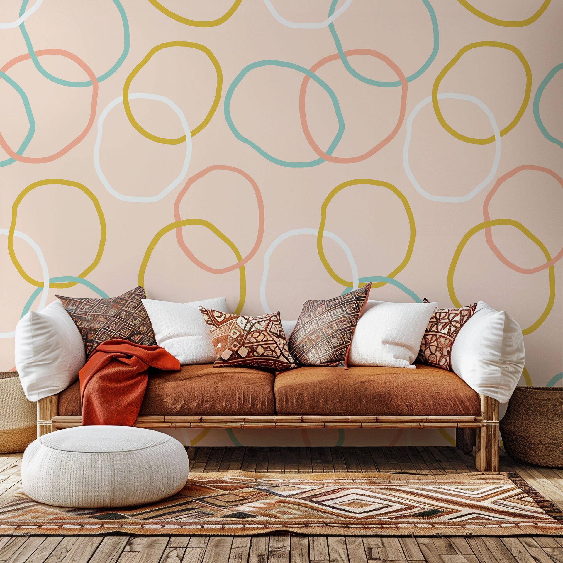 Self-adhesive wallpaper featuring the Loop Dreams design in soft pink and yellow abstract loops