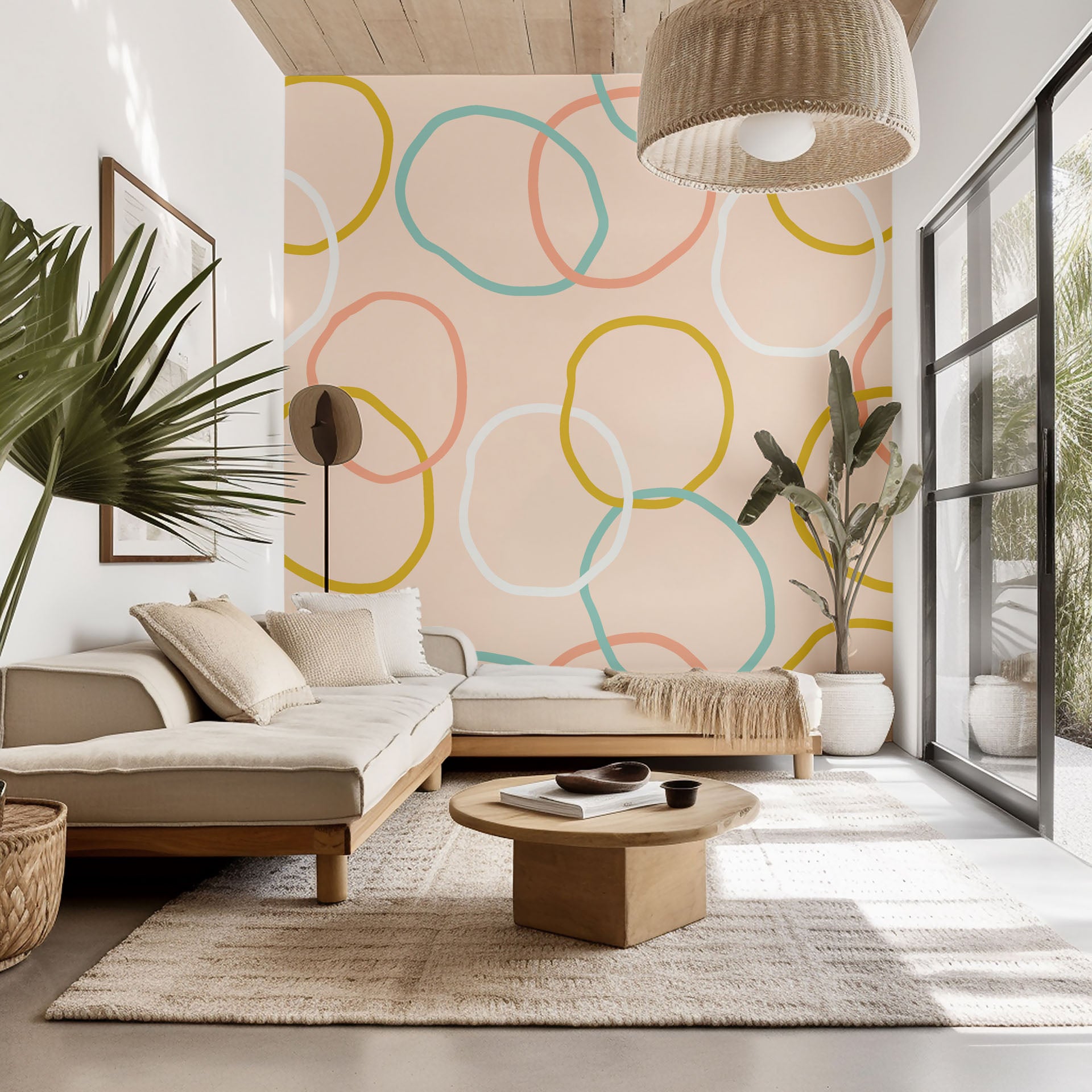 Pastel pink and yellow abstract loop wallpaper, peel and stick