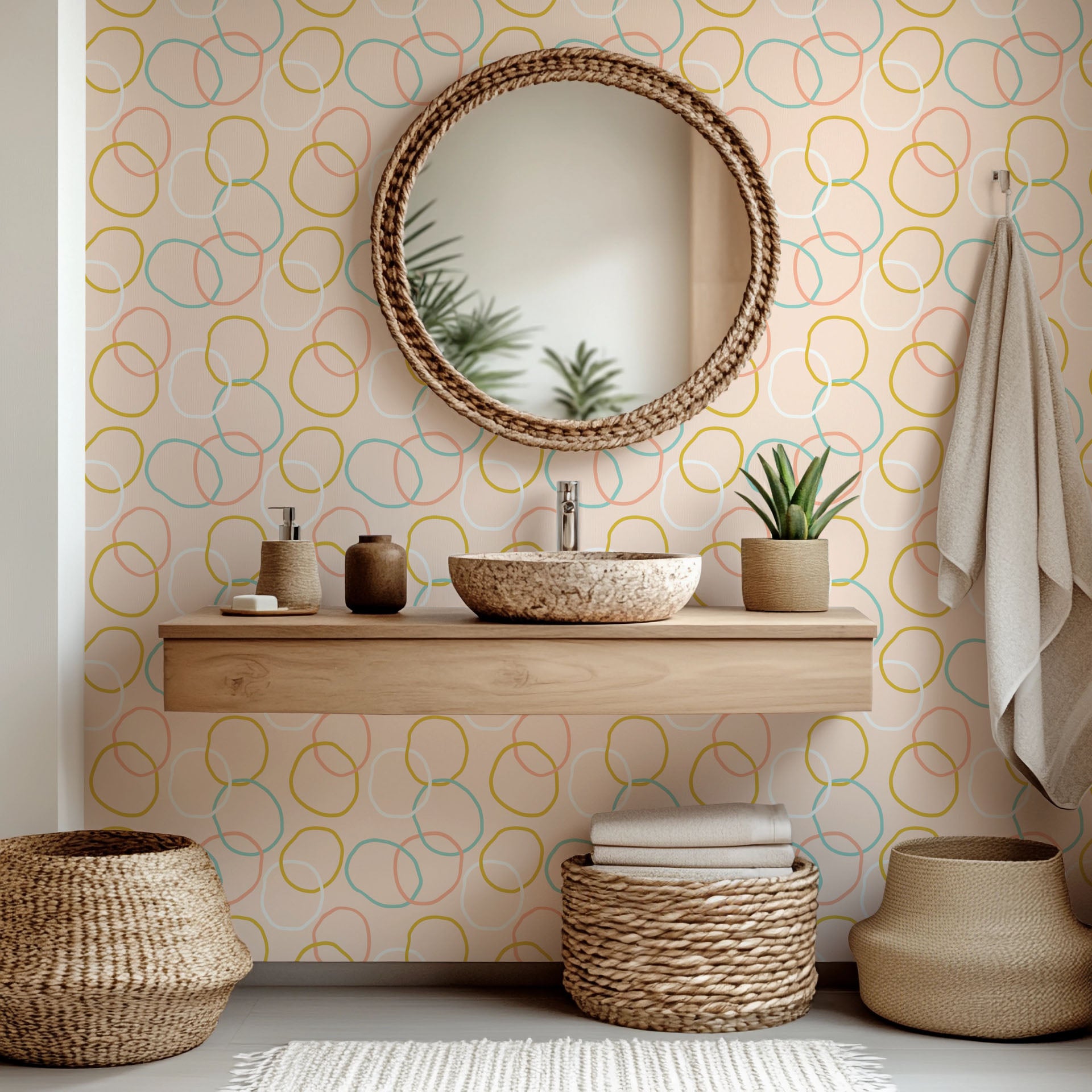 Soft-hued pink and yellow abstract loop design on self-adhesive, removable wallpaper (Loop Dreams)