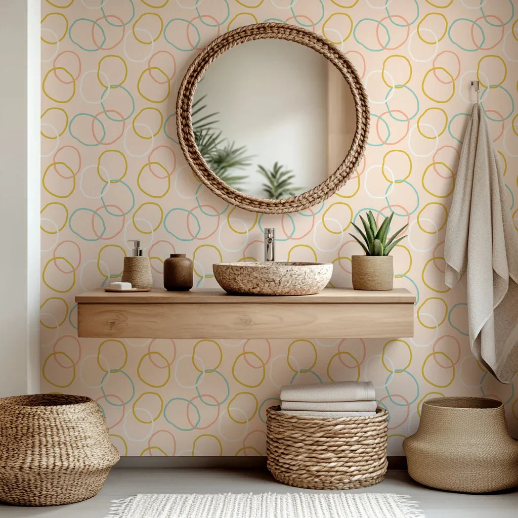 Soft-hued pink and yellow abstract loop design on self-adhesive, removable wallpaper (Loop Dreams)