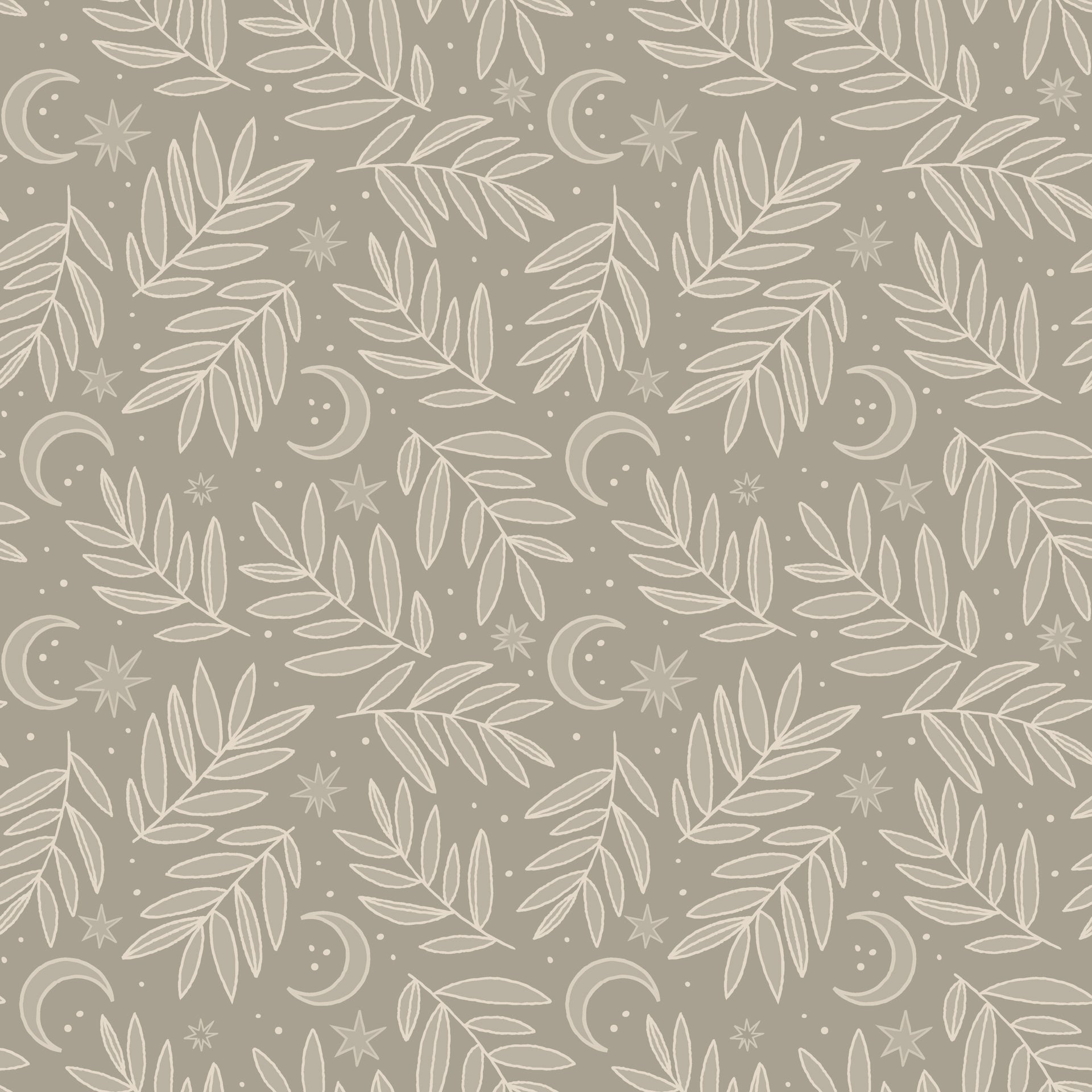 Hand drawn botanical wallpaper pattern with delicate leafy branches, crescent moons, and small stars on a warm taupe background, creating a soft celestial nature inspired design.