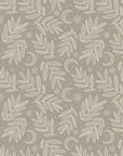Hand drawn botanical wallpaper pattern with delicate leafy branches, crescent moons, and small stars on a warm taupe background, creating a soft celestial nature inspired design.