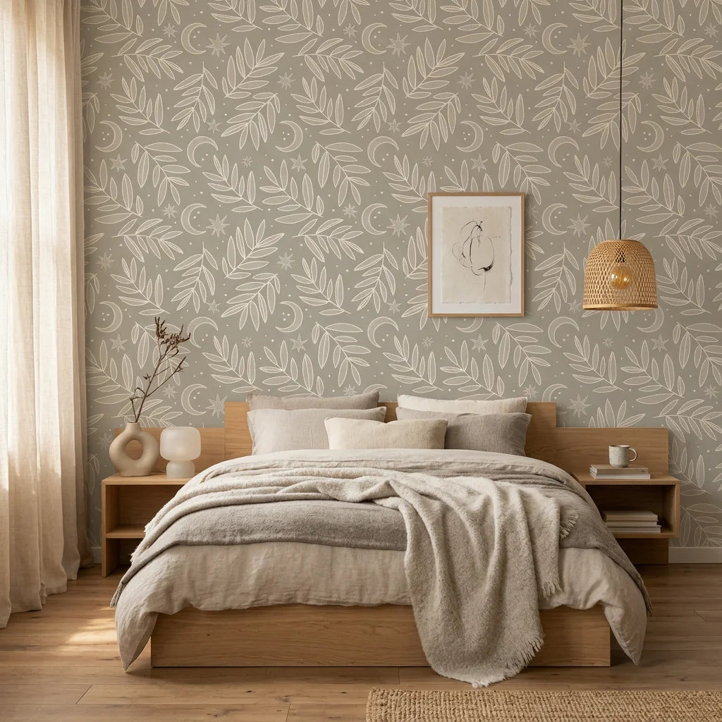 Lunar Foliage symmetrical floral wallpaper in a warm and inviting living room