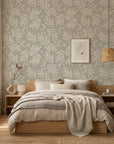 Lunar Foliage symmetrical floral wallpaper in a warm and inviting living room