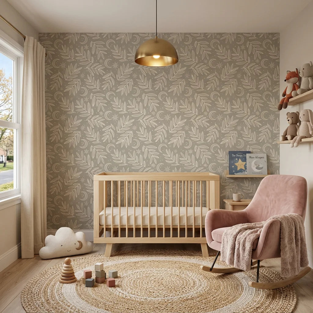 Lunar Foliage symmetrical floral wallpaper adding character to a cozy bedroom