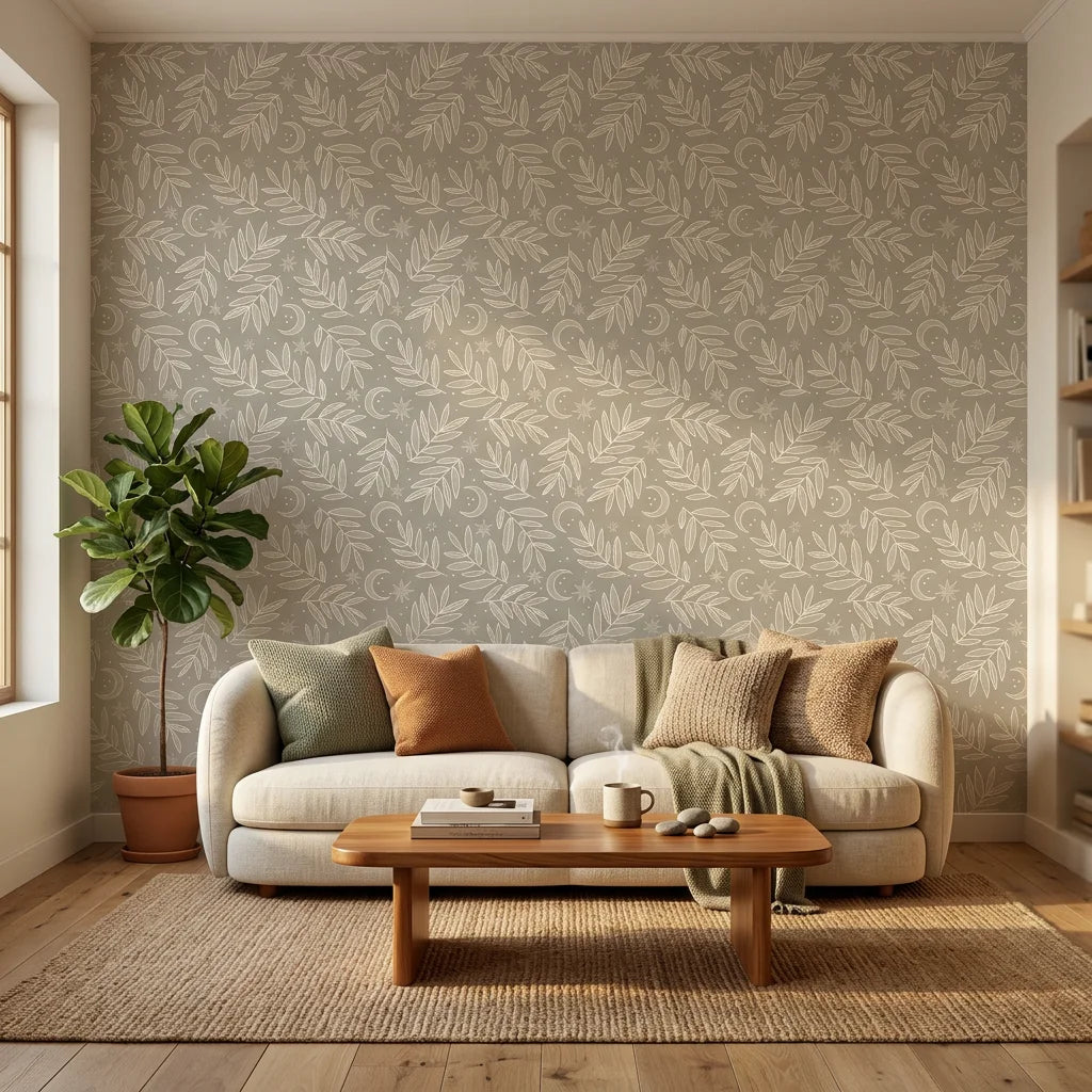 Lunar Foliage symmetrical floral wallpaper as a feature wall in a bright home office
