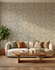 Lunar Foliage symmetrical floral wallpaper as a feature wall in a bright home office