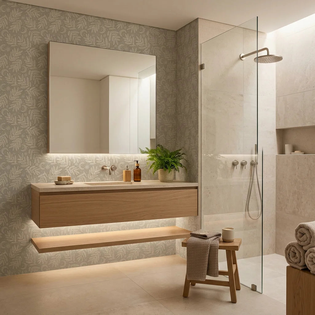 Lunar Foliage symmetrical floral wallpaper creating ambiance in a serene bathroom