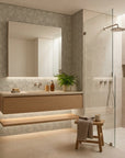 Lunar Foliage symmetrical floral wallpaper creating ambiance in a serene bathroom