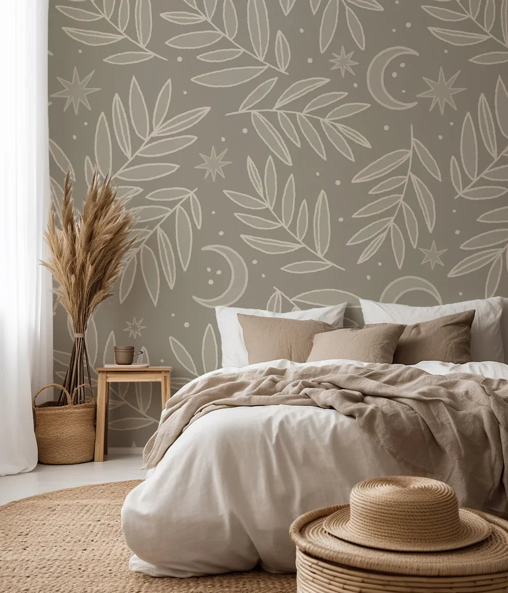 Illustrated wallpaper showcasing a subtle celestial and botanical design: hand-drawn delicate leafy sprigs, small stellar shapes, and moons against a warm taupe backdrop