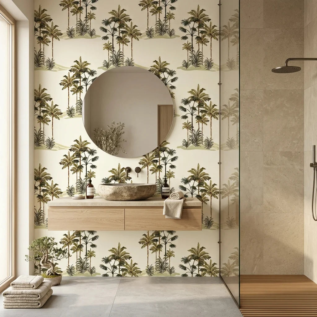 Lush Drift flowing leaf wallpaper as a feature wall in a bright home office