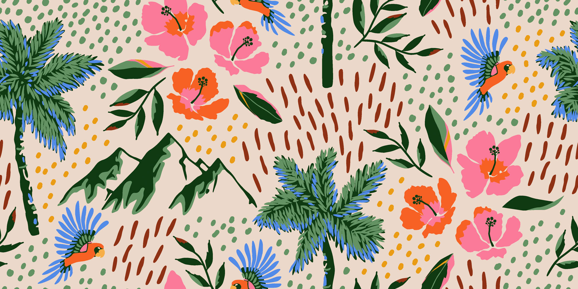 Peach-toned wall covering from Lush Notion, adorned with tropical birds, palm foliage, and large hibiscus blooms